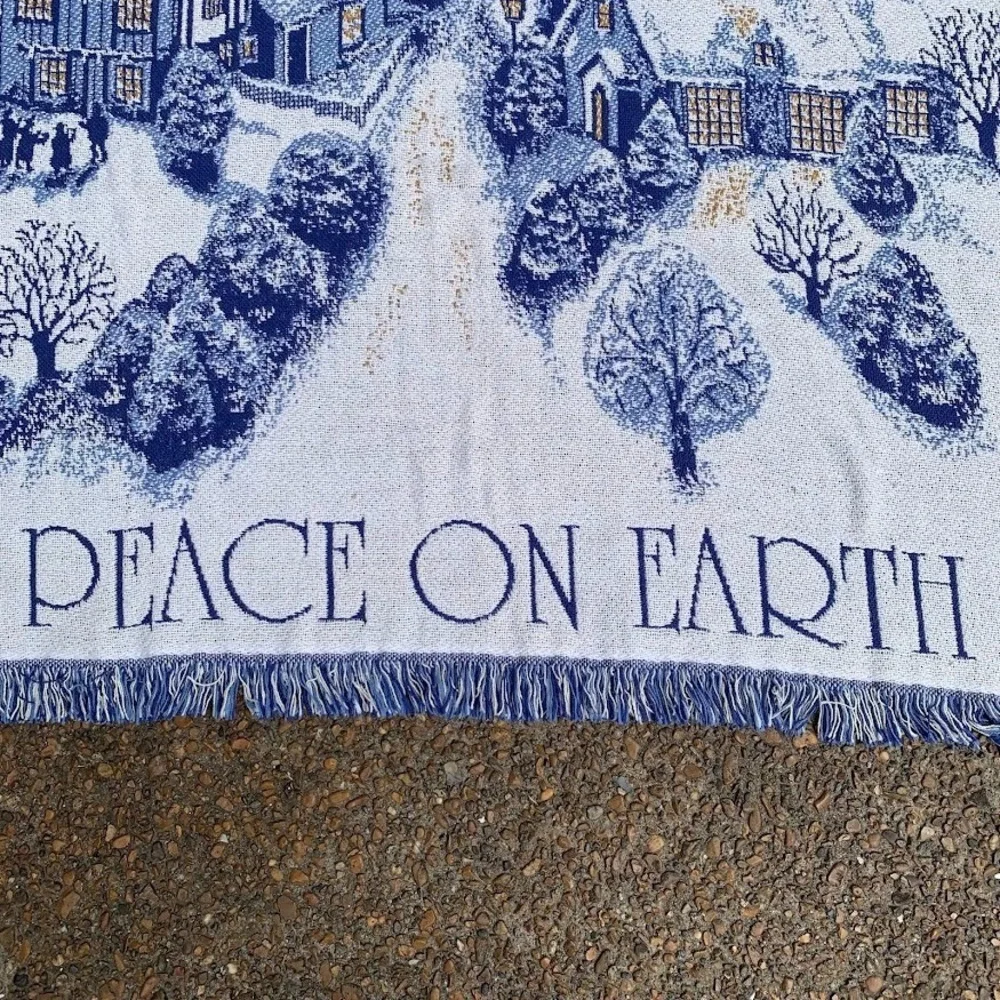 Vintage Peace On Earth Snow Village Holiday Woven Blanket Throw Tapestry